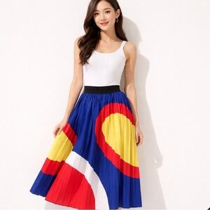 Retro Color Block Pleated Midi Skirt Size Small